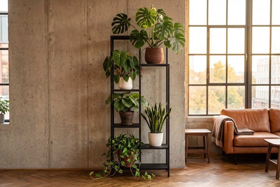 Mehrstufiger Metall-Blumenständer Versanis im Loft-Wohnzimmer