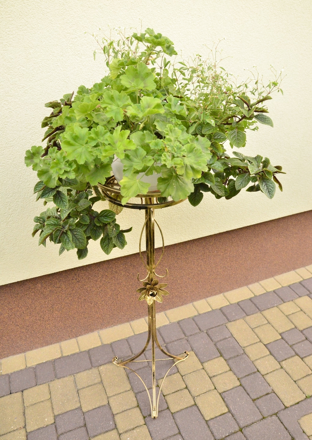 Einzelnes Blumenbeet. Pflanzenständer aus Metall