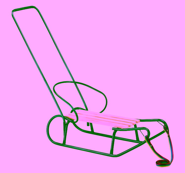 Metallschlitten mit Rückenlehne und Griff.