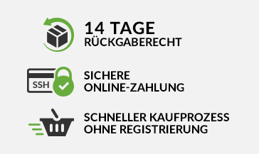 Sichere Rückgaberecht; Sichere Online-Zahlung; Schneller Kaufprozess ohne Registrierung.